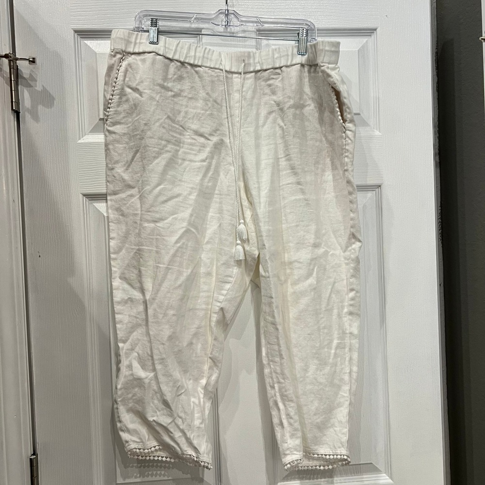 Talbots Crop Pants Linen White Pom-Pom Trim Coastal 16P Lagenlook Minimalist